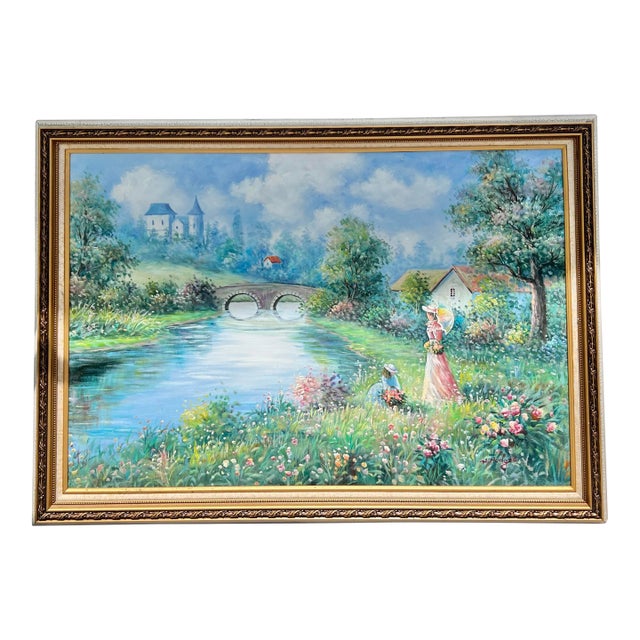 Mid 20th Century Large Original Oil Painting Garden Landscape With Bridge Signed W Hodges For Sale