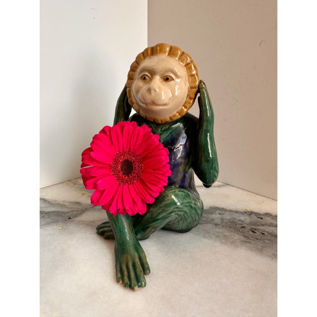 Hear No Evil Monkey Majolica Style Ceramic Sculpture Vintage Majolica style monkey showing the "hear no evil" gesture....