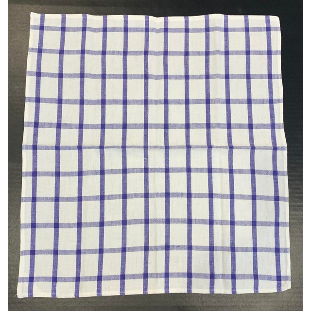 French 7 Vintage Napkins Blue and White Windowpane Check Cotton For Sale - Image 3 of 4
