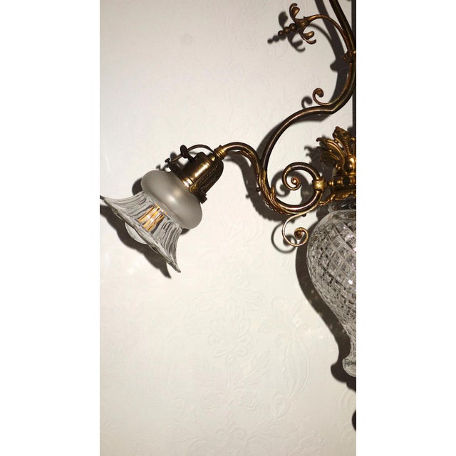 1940s Antique French Art Nouveau Brass and Glass 4-Light Chandelier, 1940s For Sale - Image 5 of 13