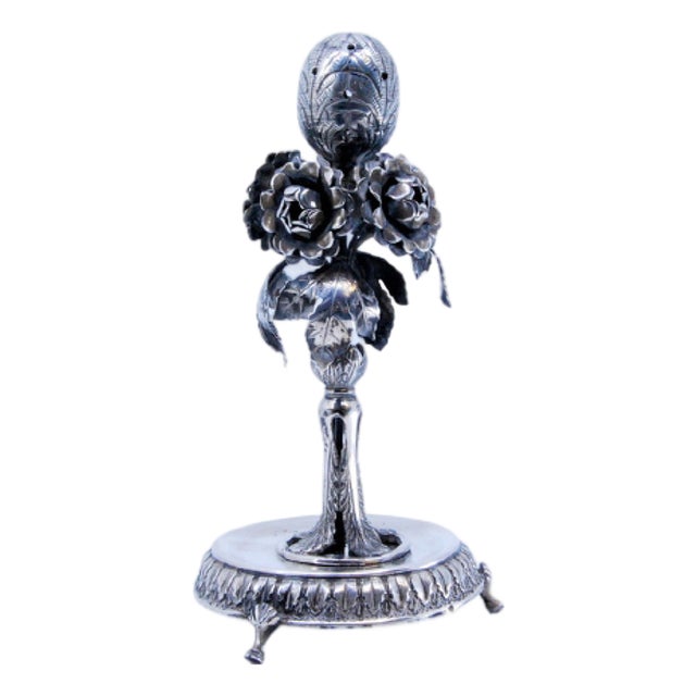 Silver Toothpick Holder with Flowers, Palmettes Chalice and Round Base with Feet For Sale