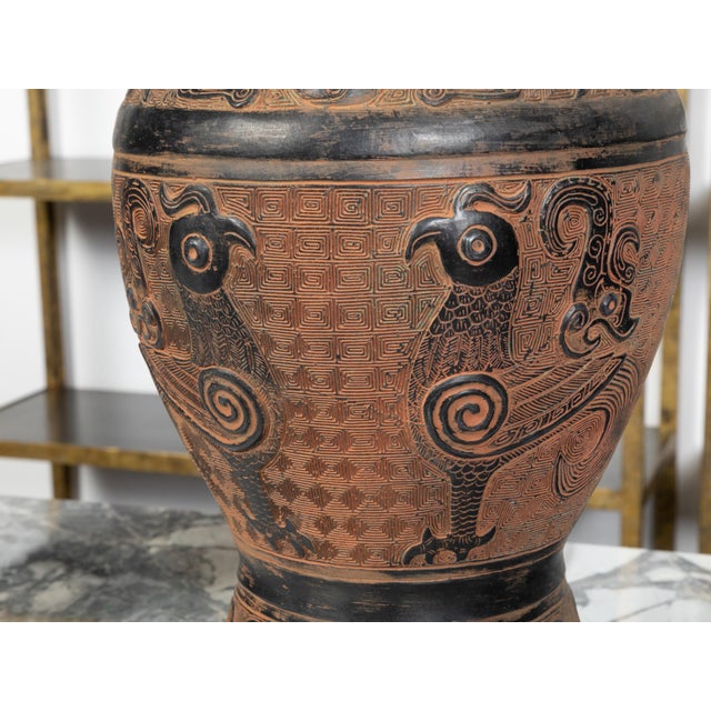 Metal Mid 20th Century Asian Midcentury Bronze Urn-Shaped Table Lamps with Rooster and Meander - Pair For Sale - Image 7 of 9