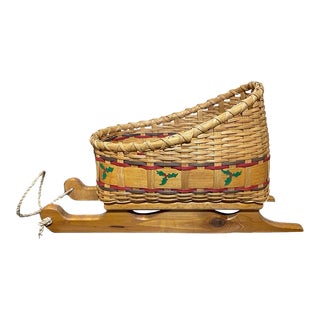 Handmade Large Wood & Rattan Basket Christmas Sleigh Sled Holiday Decor For Sale
