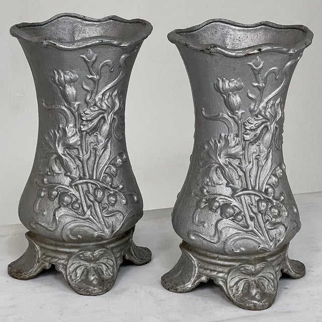 Pair Art Nouveau Cast Iron Painted Jardinieres ~ Urns For Sale - Image 13 of 13