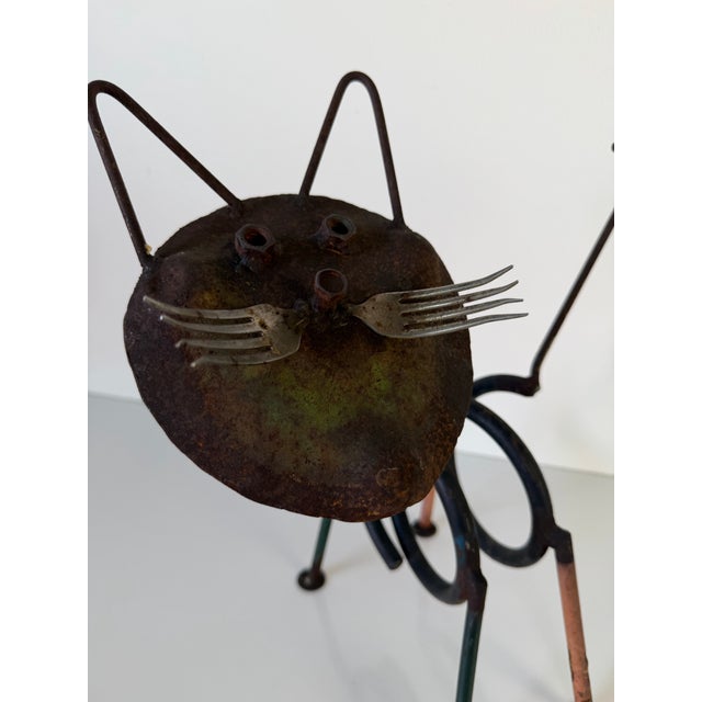 Brown Vintage Handmade Folk Art Metal Cat Sculpture For Sale - Image 8 of 12