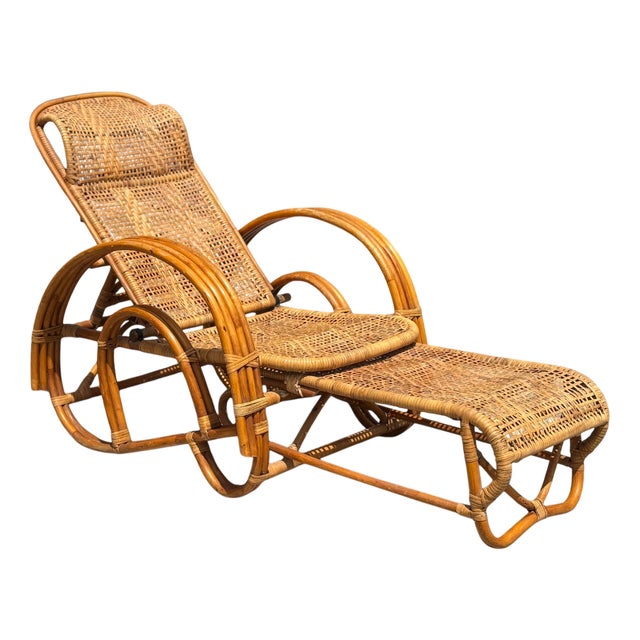 Mid-Century Italian Bamboo & Rattan Chaise Longue Sun Lounger, 1950 For Sale