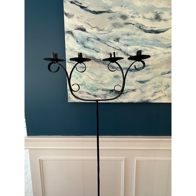 Pair of Antique Wrought Iron Standing Candelabra For Sale - Image 4 of 6