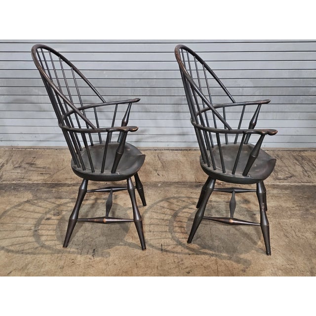 Richard Dimes Company Late 20th Century Pair of d.r. Dimes Sack Back Windsor Arm Chairs Bench Made Dark Green Crackle Finish For Sale - Image 4 of 9