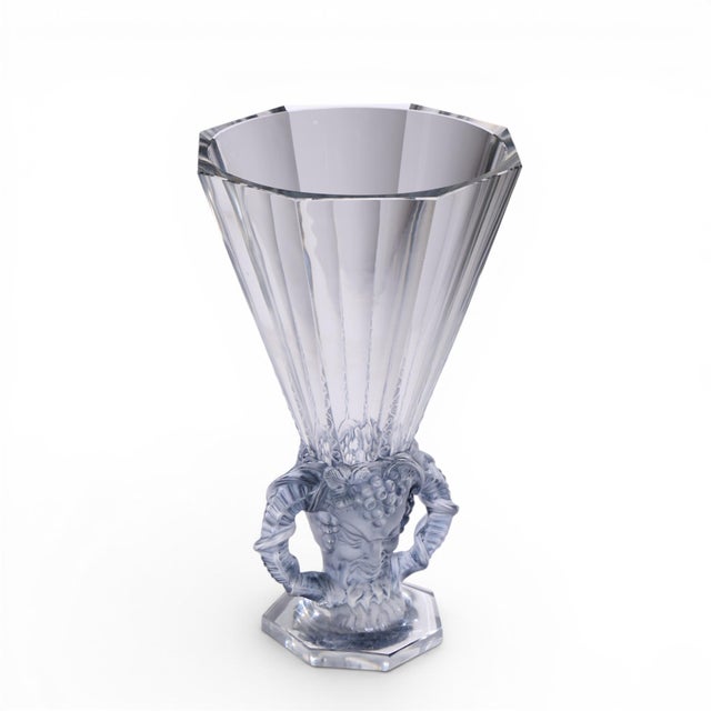 Glass René Lalique 1931 Faune Vase in Clear Crystal With Blue Patina For Sale - Image 7 of 9