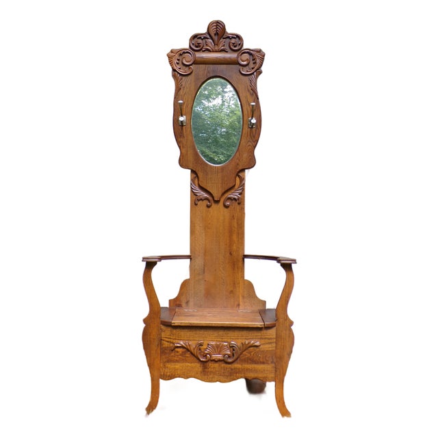 Antique Arts & Crafts Solid Oak Hall Tree Entry Bench Beveled Mirror Coat Rack For Sale