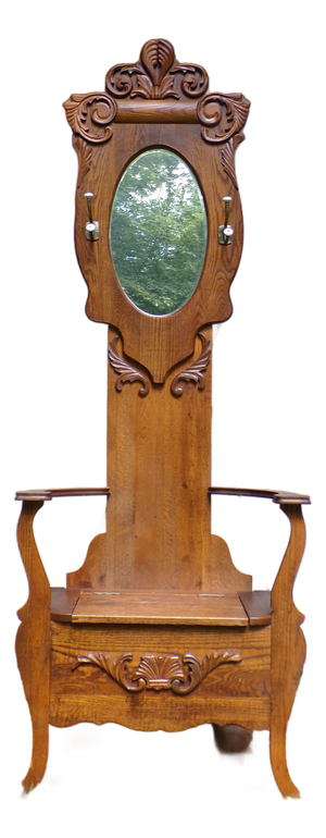 Antique Arts & Crafts Solid Oak Hall Tree Entry Bench Beveled Mirror Coat Rack