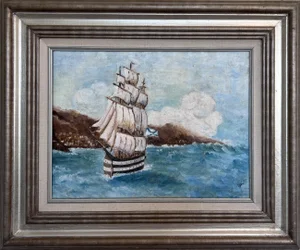 Original Vintage Oil Painting on Canvas Seascape, Sailing Ship, Signed, Framed