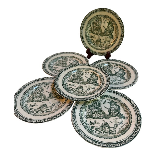 Antique Victorian "Punch and Judy" Transferware Set of Six(6) 5.5" Diameter Plates by Allerton & Sons of England For Sale