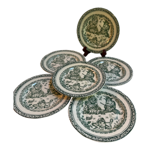 Antique Victorian "Punch and Judy" Transferware Set of Six(6) 5.5" Diameter Plates by Allerton & Sons of England
