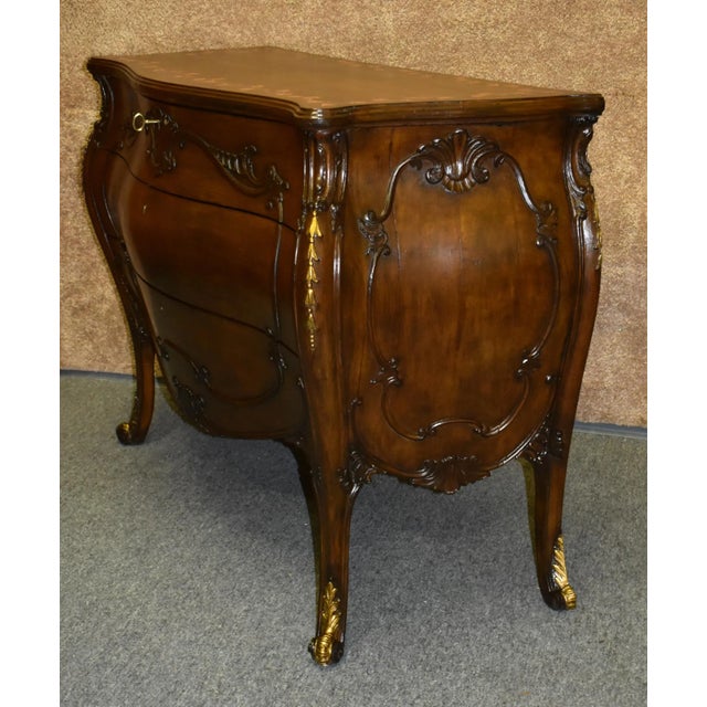 Antique Three Drawer Carved Walnut Italian Bombe' Commode W/Floral Painted Top For Sale - Image 10 of 13