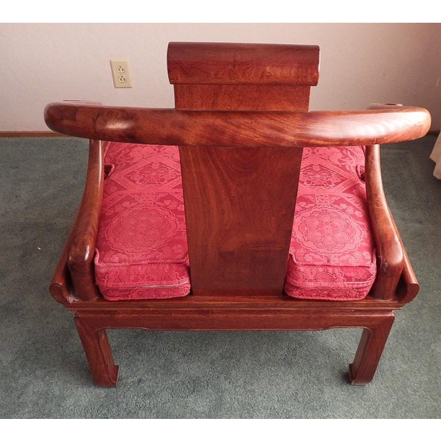 Wood 20th Century George Yee Style Chinese Hong Kong Horseshoe Lacquered Wook Accent Chair With Red Cushion For Sale - Image 7 of 12