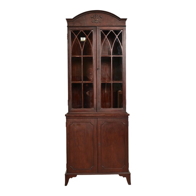 English Regency Antique Carved Mahogany Breakfront Bookcase Cabinet, Circa 1890s For Sale