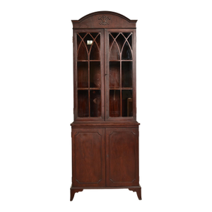 English Regency Antique Carved Mahogany Breakfront Bookcase Cabinet, Circa 1890s
