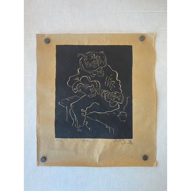 1970s "Luta" Limited Edition Linocut Print by Belsky, Numbered 62/100, Hand Signed With Fingerprint, Modern Figurative Guitarist Portraitur. For Sale - Image 5 of 10
