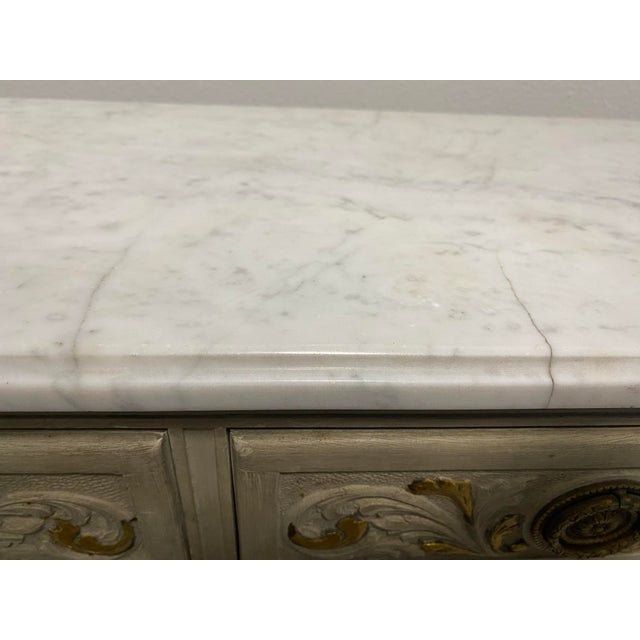 Wood Vintage Louis XVI Style Painted Gilt Marble-Top Narrow Console Table For Sale - Image 7 of 9