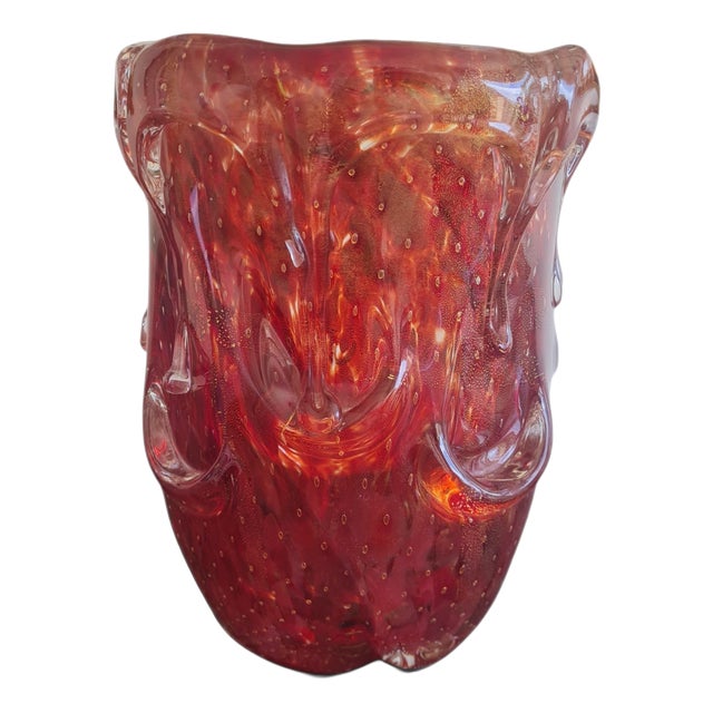 Art Glass Murano Ruby Red Rubino Vase with Bullicante, Aventurina Gold Dust and Applied Morise, Italy, 1950s For Sale