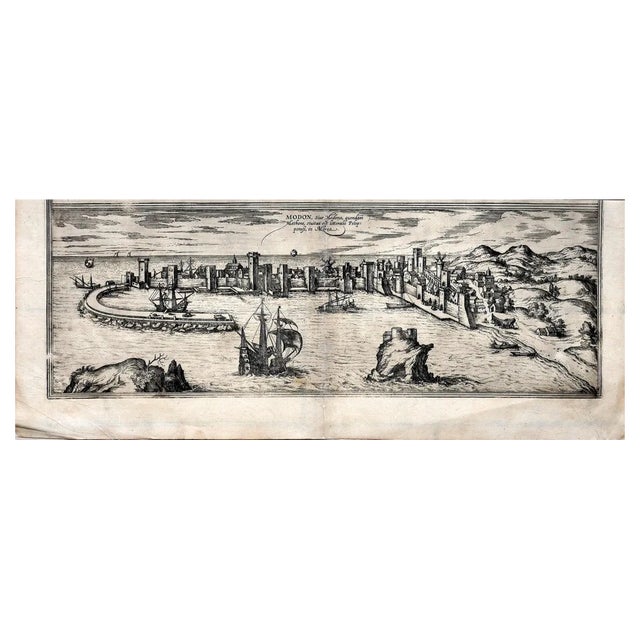 George Braun, Map of Methoni, Etching, Late 16th Century For Sale