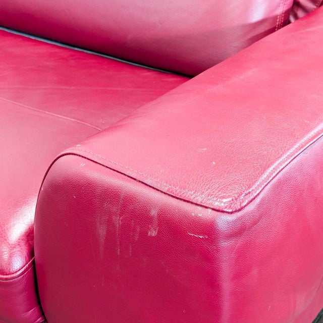 Modern Red Leather 3-Seat Sofa With Cushioned Armrests For Sale - Image 9 of 12