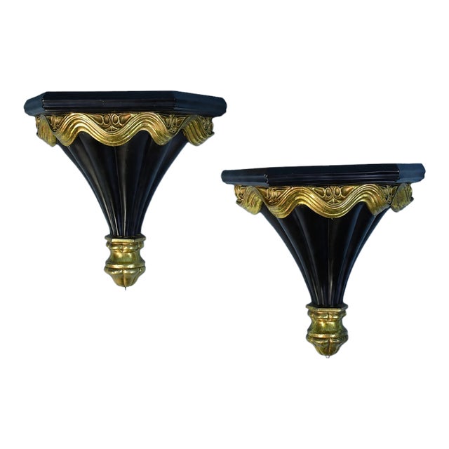 Late 20th Century Pair of Black and Gold Wall Brackets For Sale