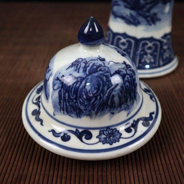 Chinoiserie Blue and White Landscape Porcelain Lidded Ginger Jar For Sale - Image 9 of 9