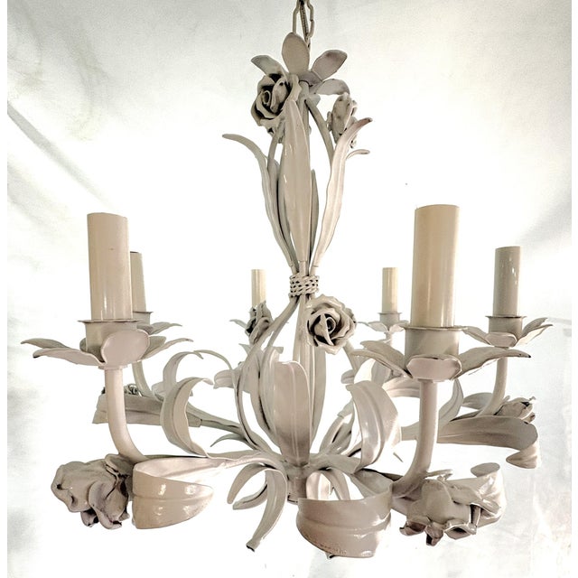 Shabby Chic Vintage Tole 6-Light Chandelier With Rose Details For Sale - Image 3 of 18