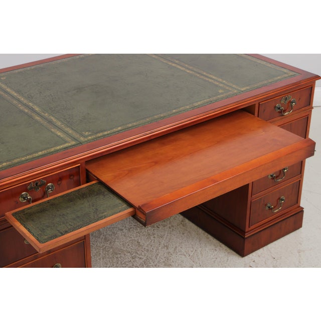 Wood Reprodux English Yew Wood Green Leather Top Desk For Sale - Image 7 of 18