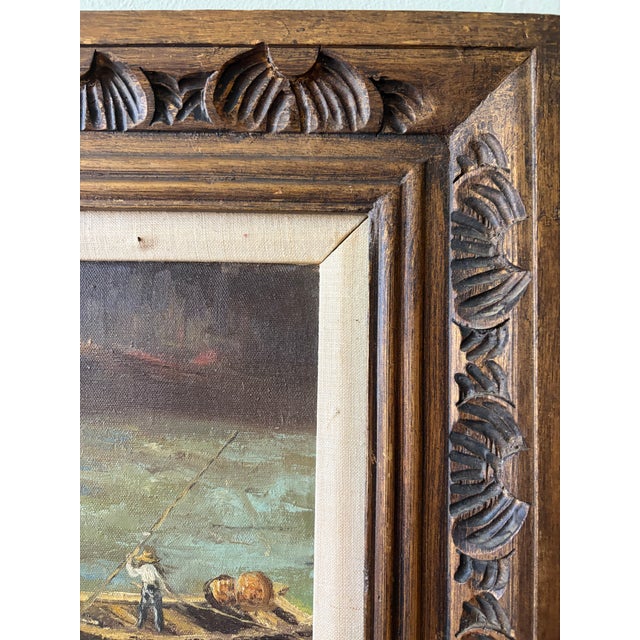 Coffee Original Signed “Sher” Oil on Canvas – Harbor Fishing Village With Men & Boats – Framed, 31.25” X 26” For Sale - Image 8 of 14