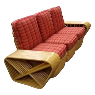 Restored Mid-Century10 Strand Square Pretzel Rattan 3-Seater Sectional Sofa For Sale