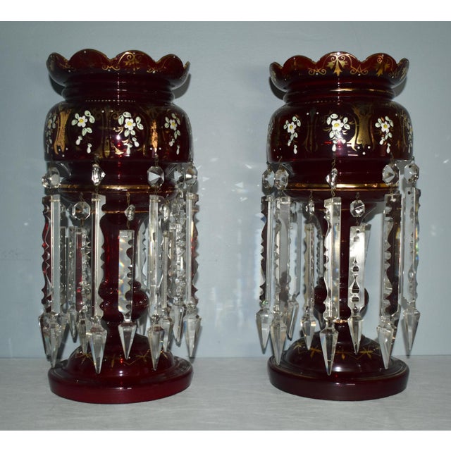 Antique - Late 19th Century Pair of Candle Holders - Mantel Lusters. Cranberry Glass with Hand Painted Enamel Floral...
