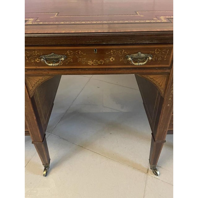 Brown Antique Victorian Mahogany Inlaid Kneehole Desk by Edwards and Roberts, 1880s For Sale - Image 8 of 14