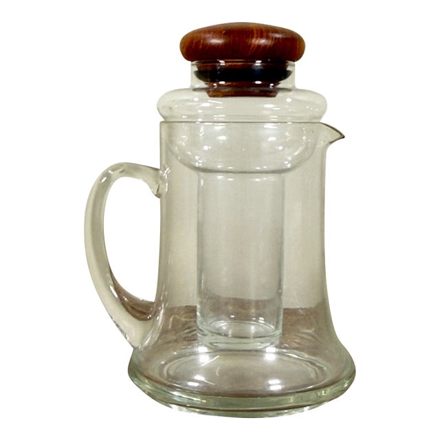 Vintage Glass Cocktail / Iced Tea Pitcher With Ice Chamber and Teak Lid For Sale
