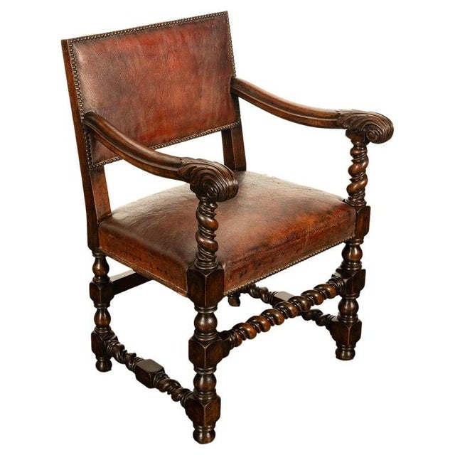 Antique Italian Baroque Leather & Barley Twist Carved Mahogany Arm Chair 1820 For Sale - Image 4 of 14