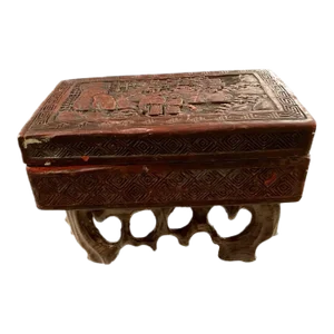 Old Chinese Cinnabar Box on a Carved Wooden Stand