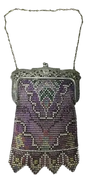 Whiting & Davis Mesh Purse Silver Filigree Frame With Heart in Center - Art Deco Flapper Era