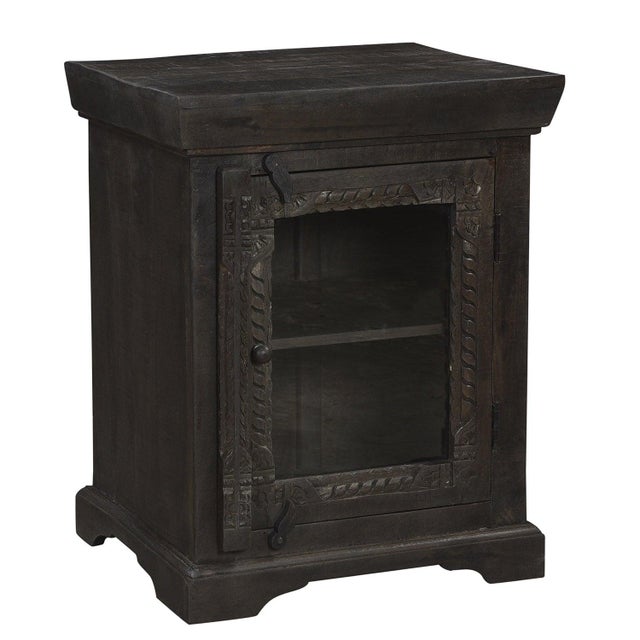 Far Pavilions 1990s Transitional Style Solid Wood Hand Carved Nightstand With Glass Door For Sale - Image 4 of 7