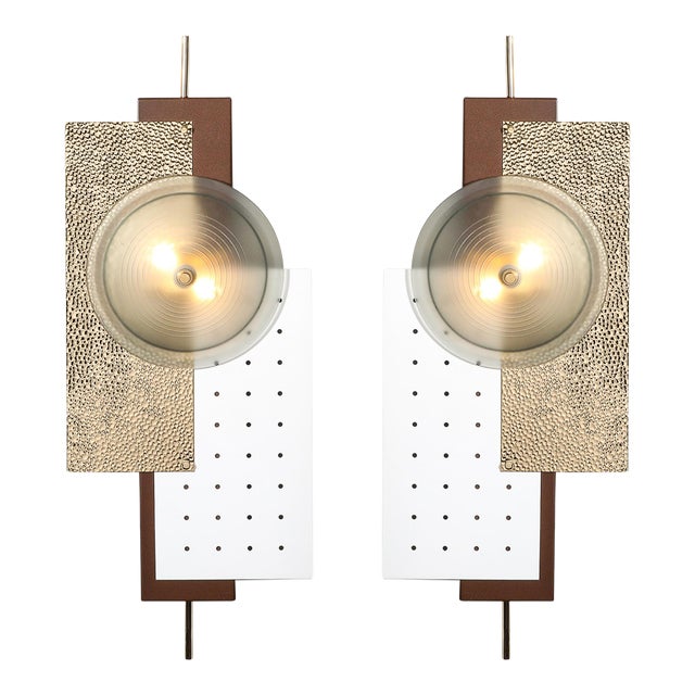 Modern Brutalist Multi-Paneled Sconces in Bronze, Polished Brass & White Enamel For Sale