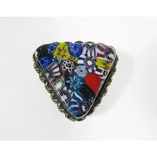Art Nouveau Vintage Murano Style Millefiori Art Glass Silver Metal Triangle Box For Sale - Image 3 of 8
