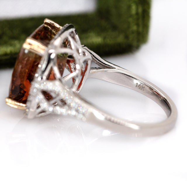 11cts Bi-Color Tourmaline Ring With Natural Diamond Halo in 14k Solid Dual Gold For Sale - Image 9 of 9