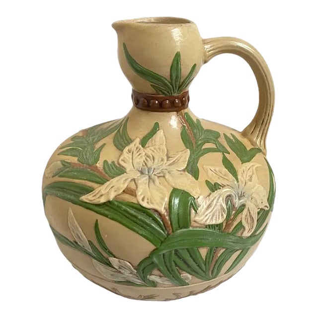 Vintage Majolica Style Ceramic Vase With Floral White Iris Relief For Sale