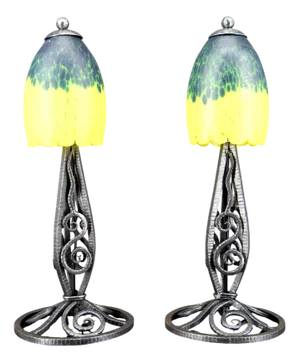 Art Deco Yellow-Green Blown Glass and Wrought Iron Tulip Lamps, France, 1920s, Set of 2