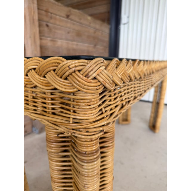 Vintage Handwoven Braided Rattan Console Table Glass Insert For Sale - Image 4 of 12