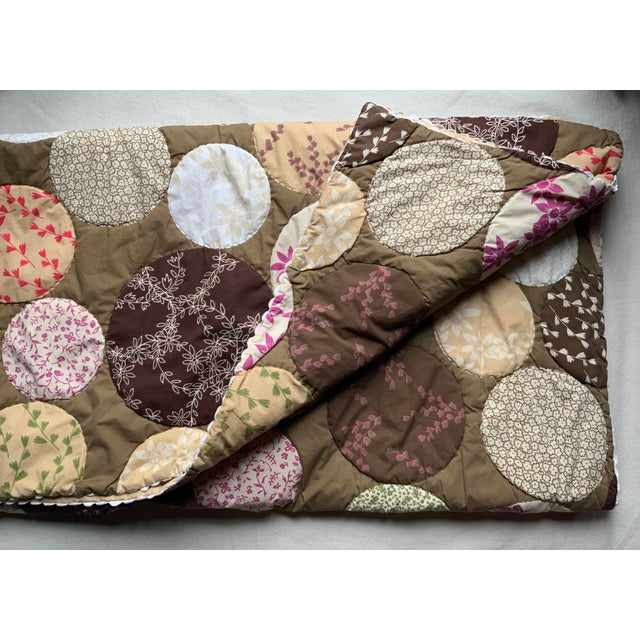 Hippie-Chic Japanese Cotton Medallion Quilt — Chocolate Brown & Pink Floral Circles, Hand Quilted, 66x88P For Sale - Image 4 of 18