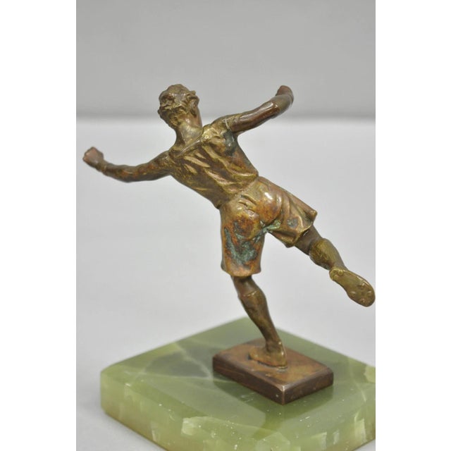 Bronze Early 20th Century Antique Art Deco Small 6" Bronze Onyx Base Soccer Futbol Player Sculpture Figure For Sale - Image 8 of 11