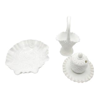 Vintage Milk Glass Showcase Collection - 5-Piece Coordinating Lot For Sale