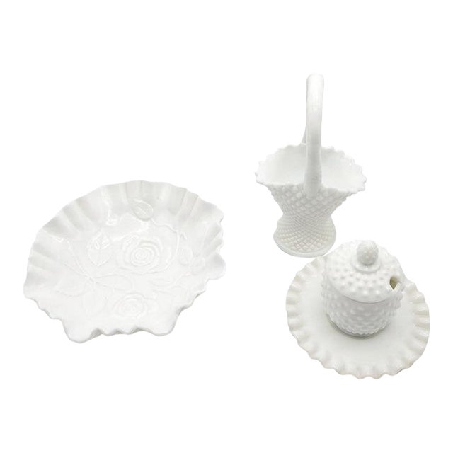 Vintage Milk Glass Showcase Collection - 5-Piece Coordinating Lot For Sale